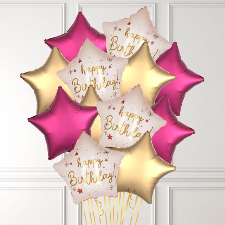 Happy Birthday Pink and Gold Stars Inflated Balloon Bunch - BALLOONBX