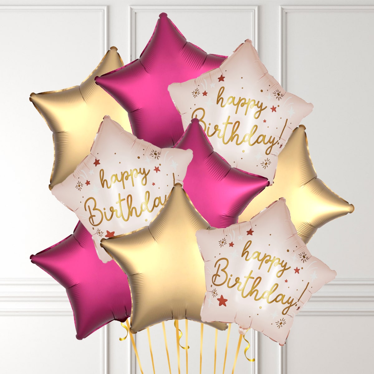 Happy Birthday Pink and Gold Stars Inflated Balloon Bunch - BALLOONBX